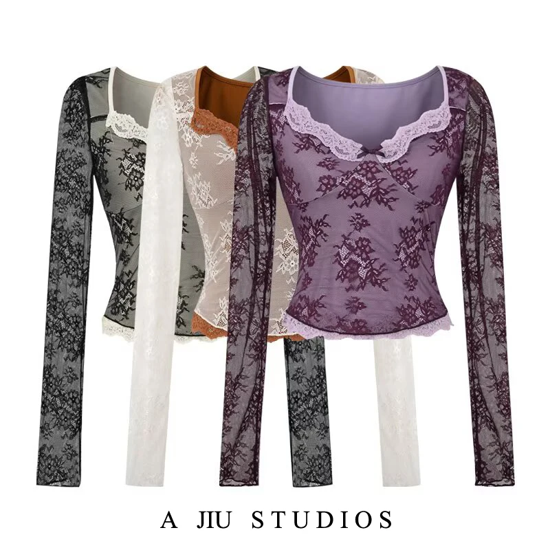 Seksowna bluzka z kwadratowym dekoltem, koronkowymi wstawkami, długim rękawem, wyszczuplająca bielizna damska, top bazowy dla seksownych dziewczyn, do noszenia na co dzień.
