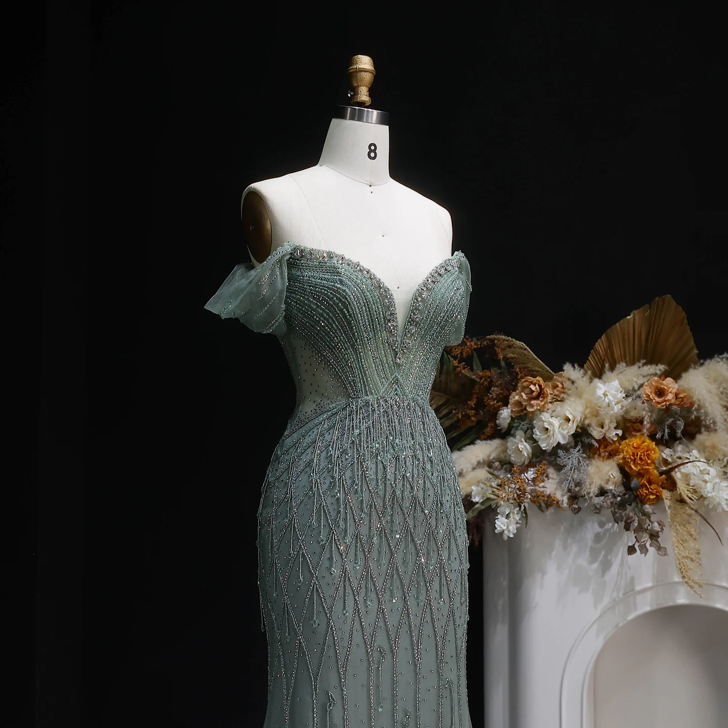 Sharon Said Atemberaubendes schulterfreies, rosafarbenes, mit Perlen besetztes Meerjungfrauen-Abendkleid mit Herzausschnitt, luxuriöses Dubai-Hochzeits- und Abschlussballkleid SS003, maßgeschneidert – Detail 10