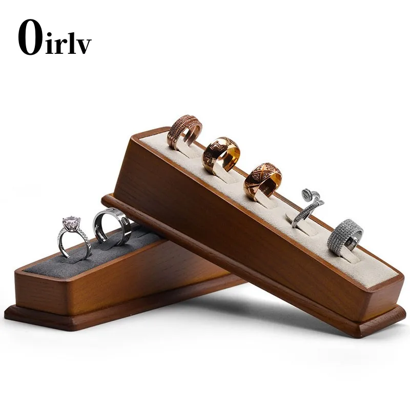 Oirlv 5 Grids Solid Wooden Ring Display Stand with Microfiber Jewelry Organizer Storage Rack Showcase for Exhibit Ring Holder