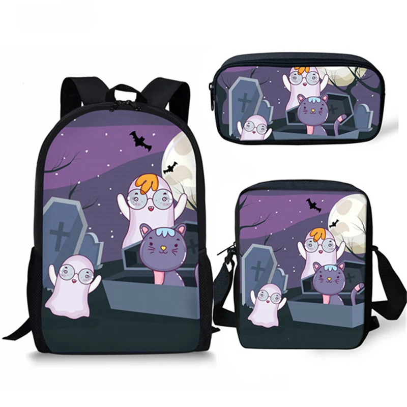 Classic Popular Funny Ghost Cat 3D Print 3pcs/Set pupil School Bags Laptop Daypack Backpack Inclined shoulder bag Pencil Case