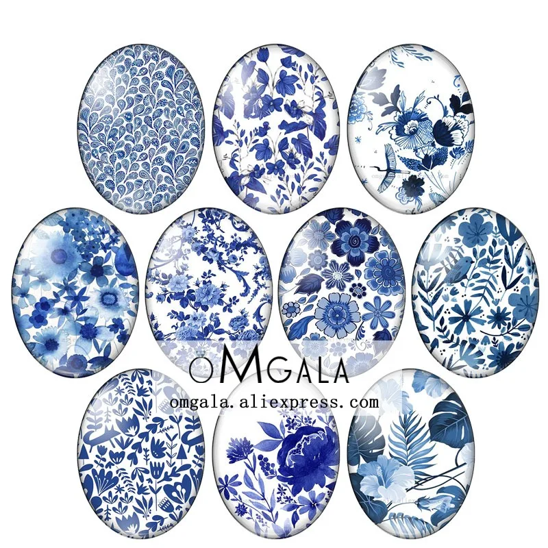 

Watercolor blue porcelain flower 10pcs 13x18mm/18x25mm/30x40mm Oval photo glass cabochon demo flat back Making findings