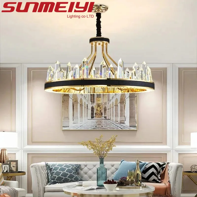 Modern LED Chandelier Iceberg Crystal Rectangle Pendant Lamp Luxury Home American Leather Light Fixture for Living Dining Room