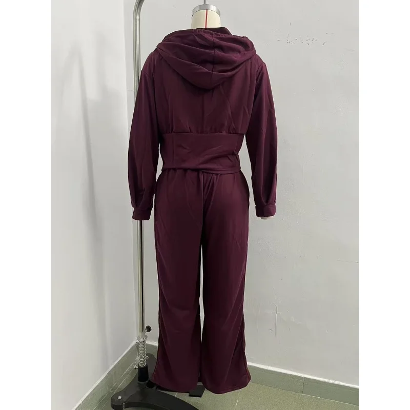 Damen 2-teiliger Trainingsanzug mit Kapuze, Reißverschluss-Crop-Jacke und hochtaillierter Schlaghose, lässiges Sport-Outfit für Damen – Detail 8