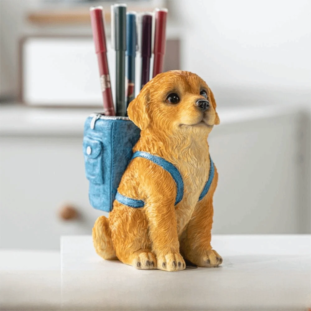 Cute Design Golden Retriever Dog Pen Holder Resin Craft Cartoon Style Pen Holder Multi Functional Large Capacity Pencil Cup