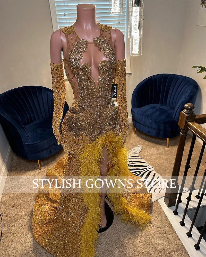 Gold O N Sequin Long Prom Dress Black Girl Bead Crystal 2024 Birthday Luxury Dress Feather Split Evening Gown Gloves Customized