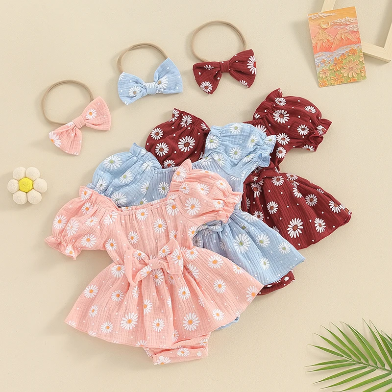 Pelele de margaritas para niñas pequeñas, traje de manga corta con lazo y Diadema, mono Floral, ropa infantil de verano