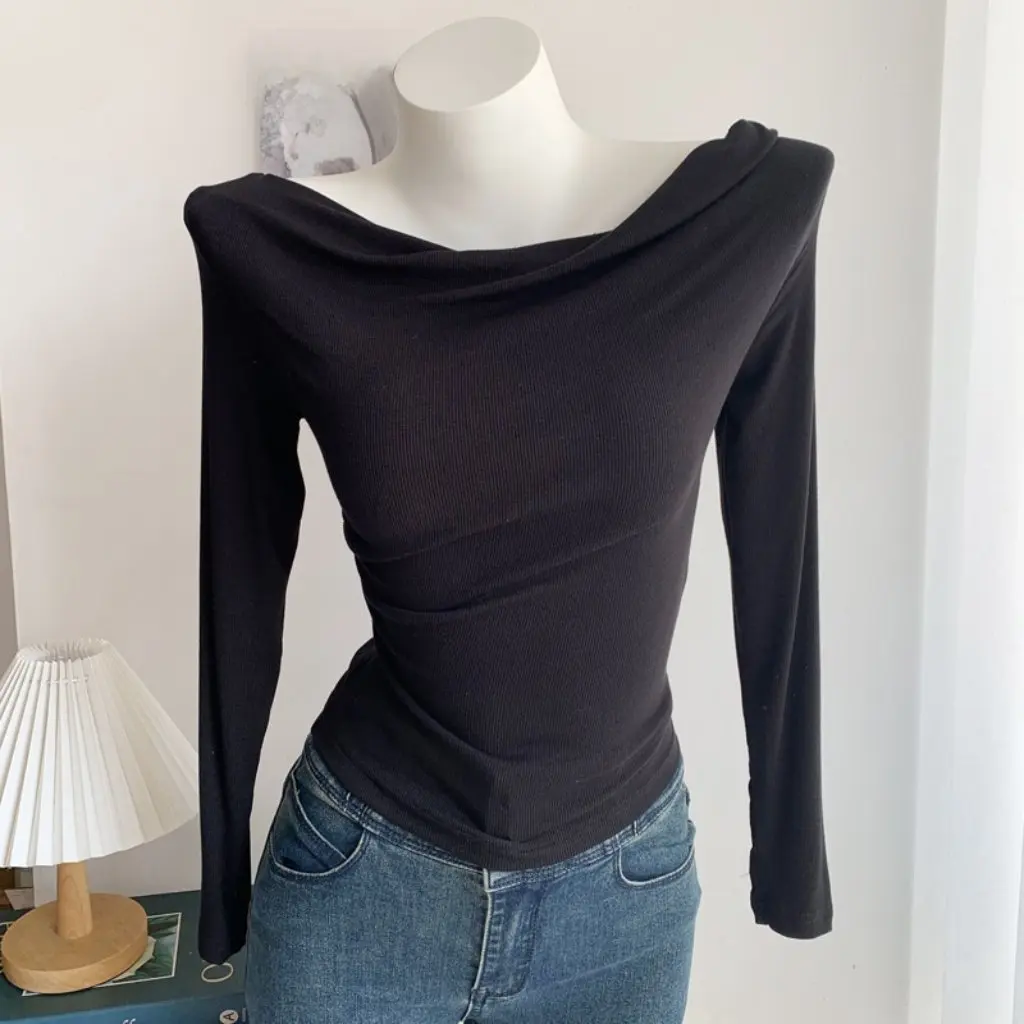 

Women's Early Autumn Off-Shoulder Pleated Slim-Fit Long-Sleeved T-Shirt Short Swing Collar Bottoming Shirt Hot Girl Style