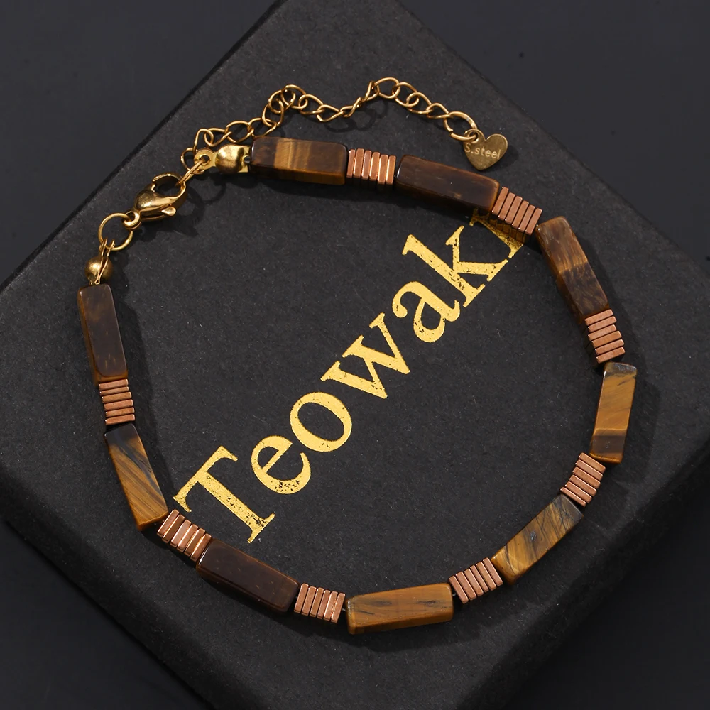 TeoWaki Natural Square Yellow Tiger Eye Bracelet Adjustable Length Hematite Square Flake Spacers Holiday Gift For Family 17+5cm