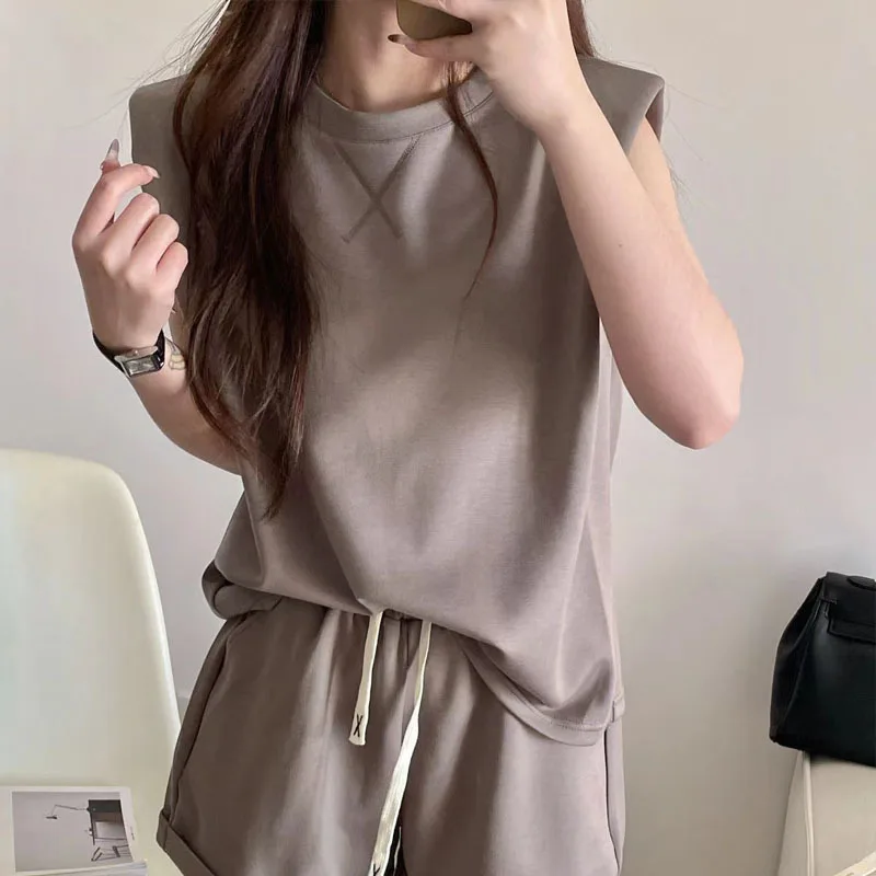 Shorts Suit Women Soft Breathable Sleeveless T-Shirt Elastic Waist Wide Leg Short Fashion Versatile Simple Round Neck Tracksuits