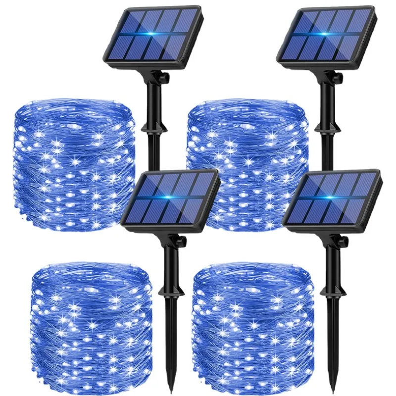 

1/2/4pcs Outdoor Waterproof Solar Fairy Lamp with 100 LED Bulbs 8 Modes Silver Wires Blue Light for Garden Decor