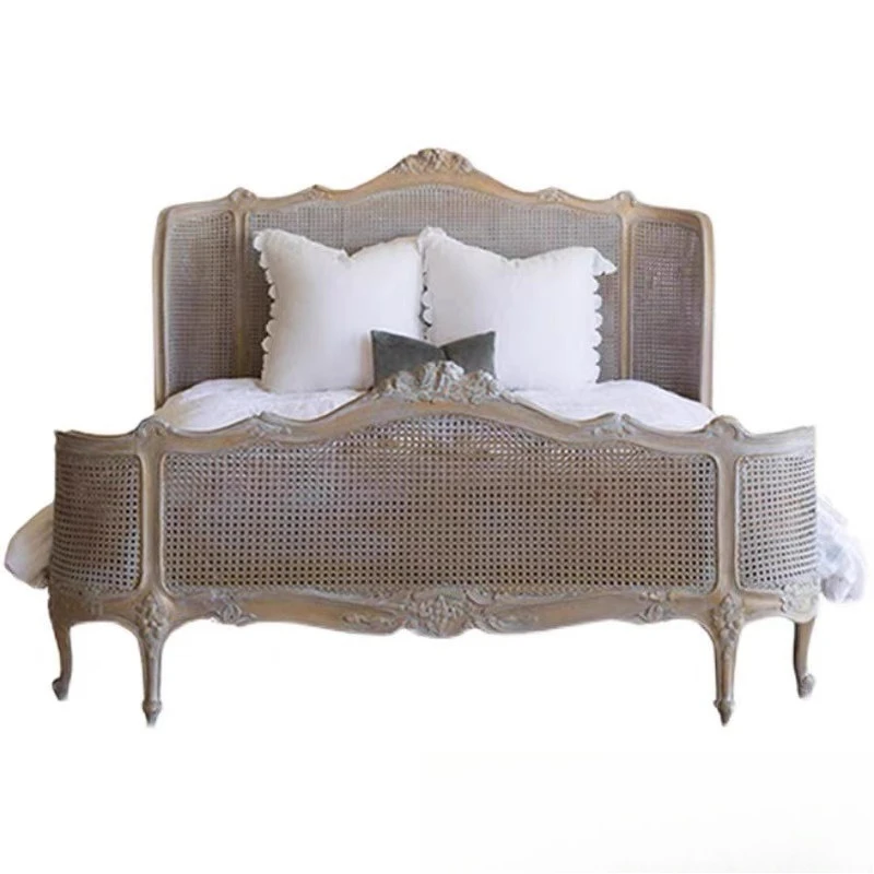 

Double bed B&B, medieval style master bedroom, rattan bed, retro old carved wedding bed
