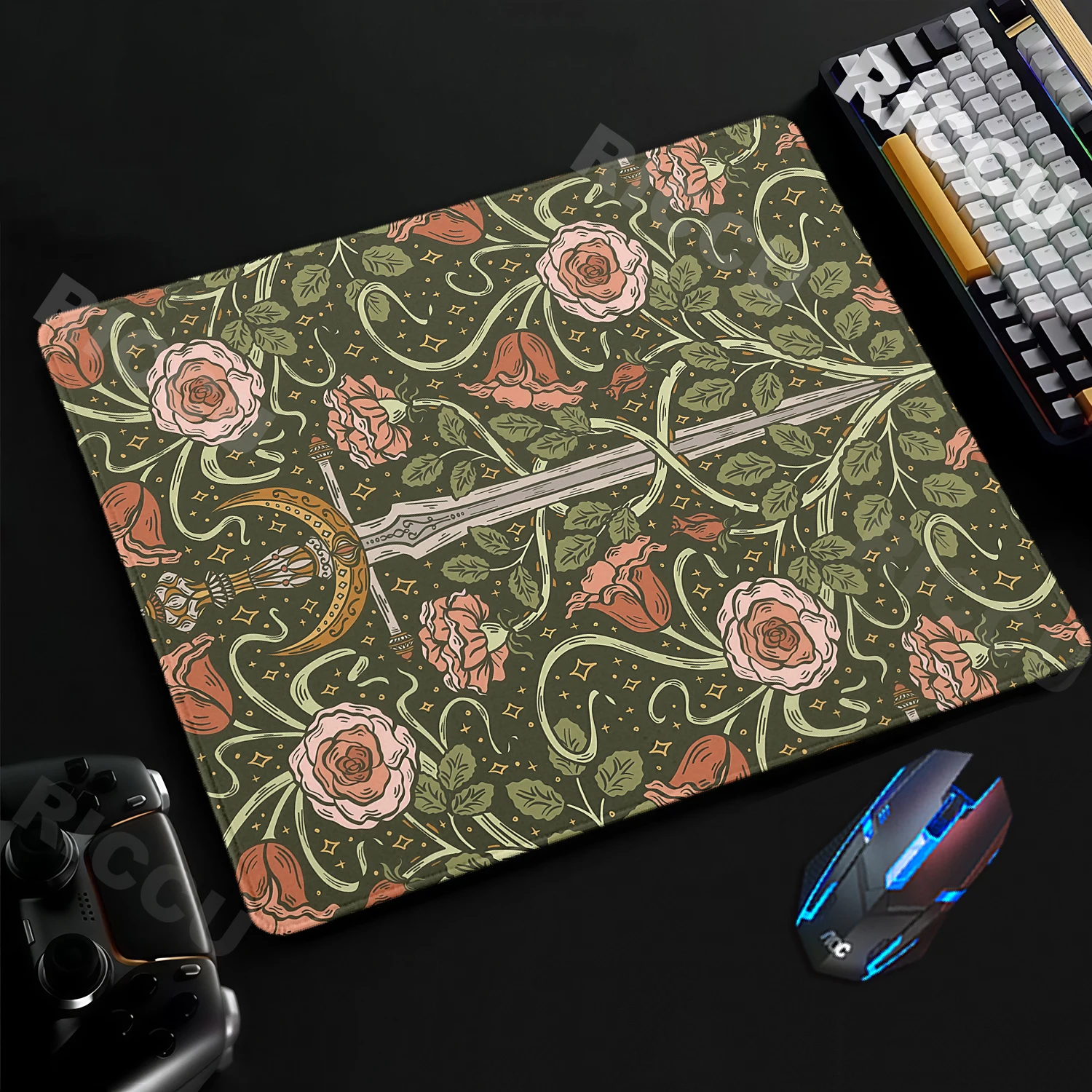 Retro Rose Sword Desk Mat Office Aesthetics Mouse Pad Gamer Lock Edge Floral Mousepad Non-Slip Small Desk Mat Desks Accessories