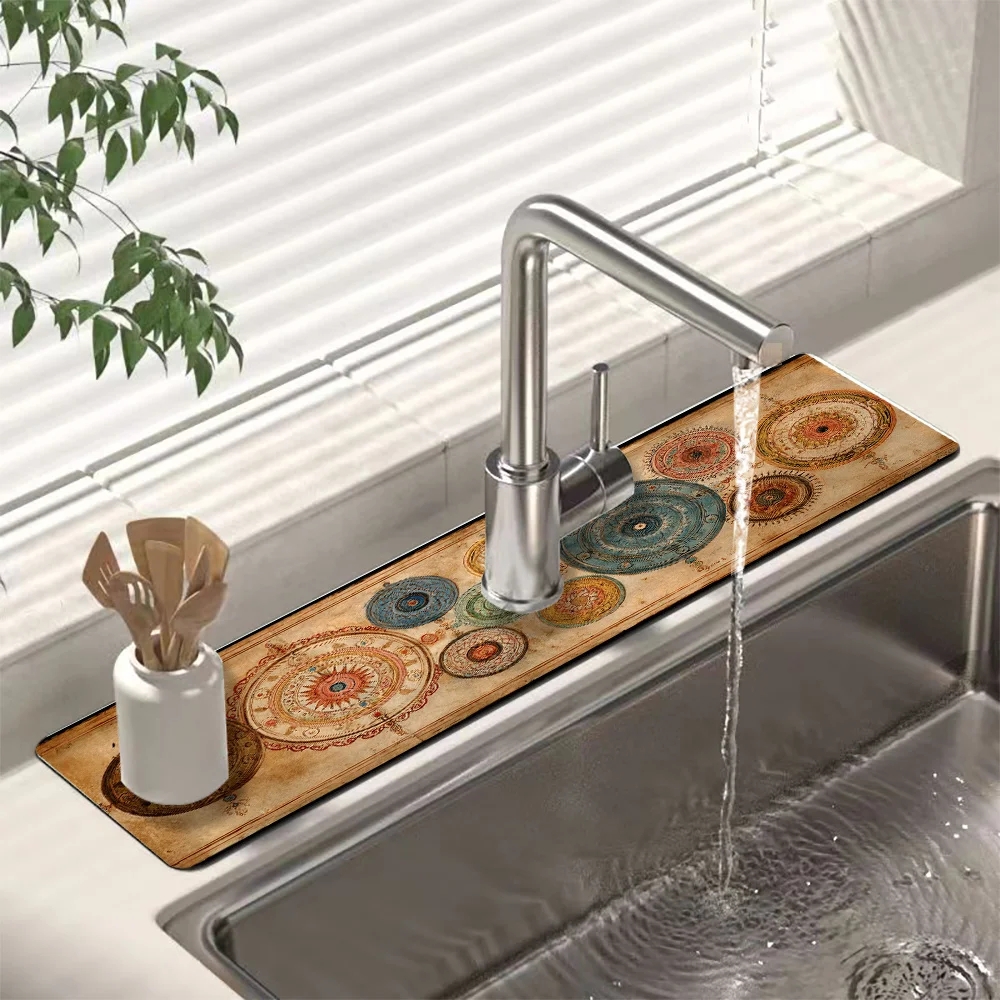 VIKAMA Bohemian Vintage Pattern Faucet Drip Tray For Kitchen And Bathroom, Silica Mud Countertop Of The Sink Drainage System