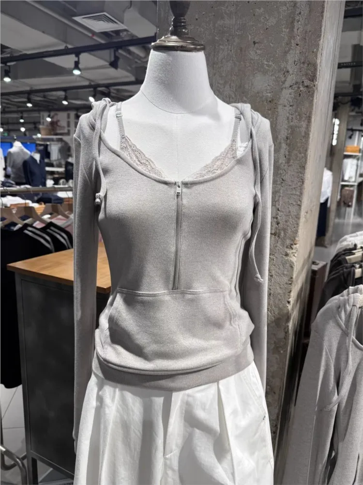 

Женские футболки с кружевными вставками и эффектом двухслойности, весенние, с капюшоном, на молнии, с карманами, облегающие, повседневные, шикарные, милые, с длинным рукавом