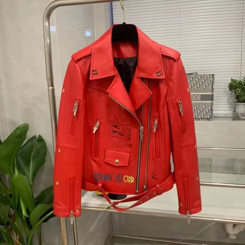 

Red Color Coat Spring Autumn 2024 New Arrival Genuine Leather Jacket Import Real Sheepskin Clothes Pattern Of Letters Locomotive