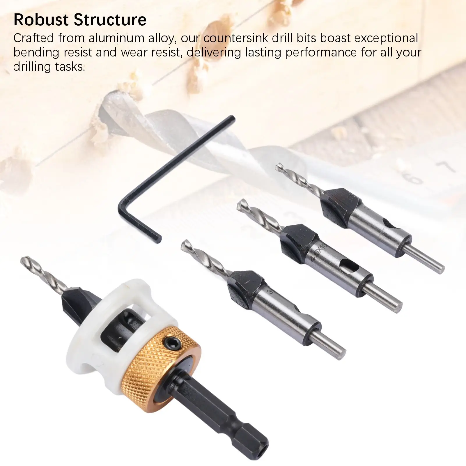 

4 шт., набор сверл с зенковкой для деревообработки с 4 спиральными канавками, глубина хвостовика 6,25 мм, регулируемое ступенчатое сверло