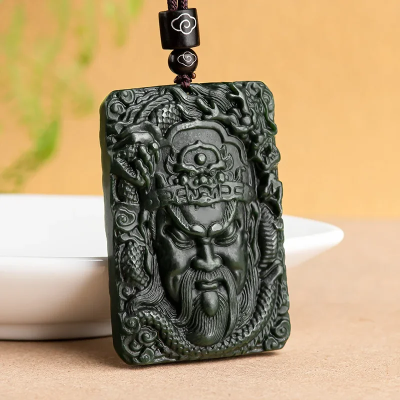 Natural Old Black Hotan Jade Guangong Pendant Black Martial Spirit Overbearing Hand Carved Men's Jade Brand High-grade Jewelry