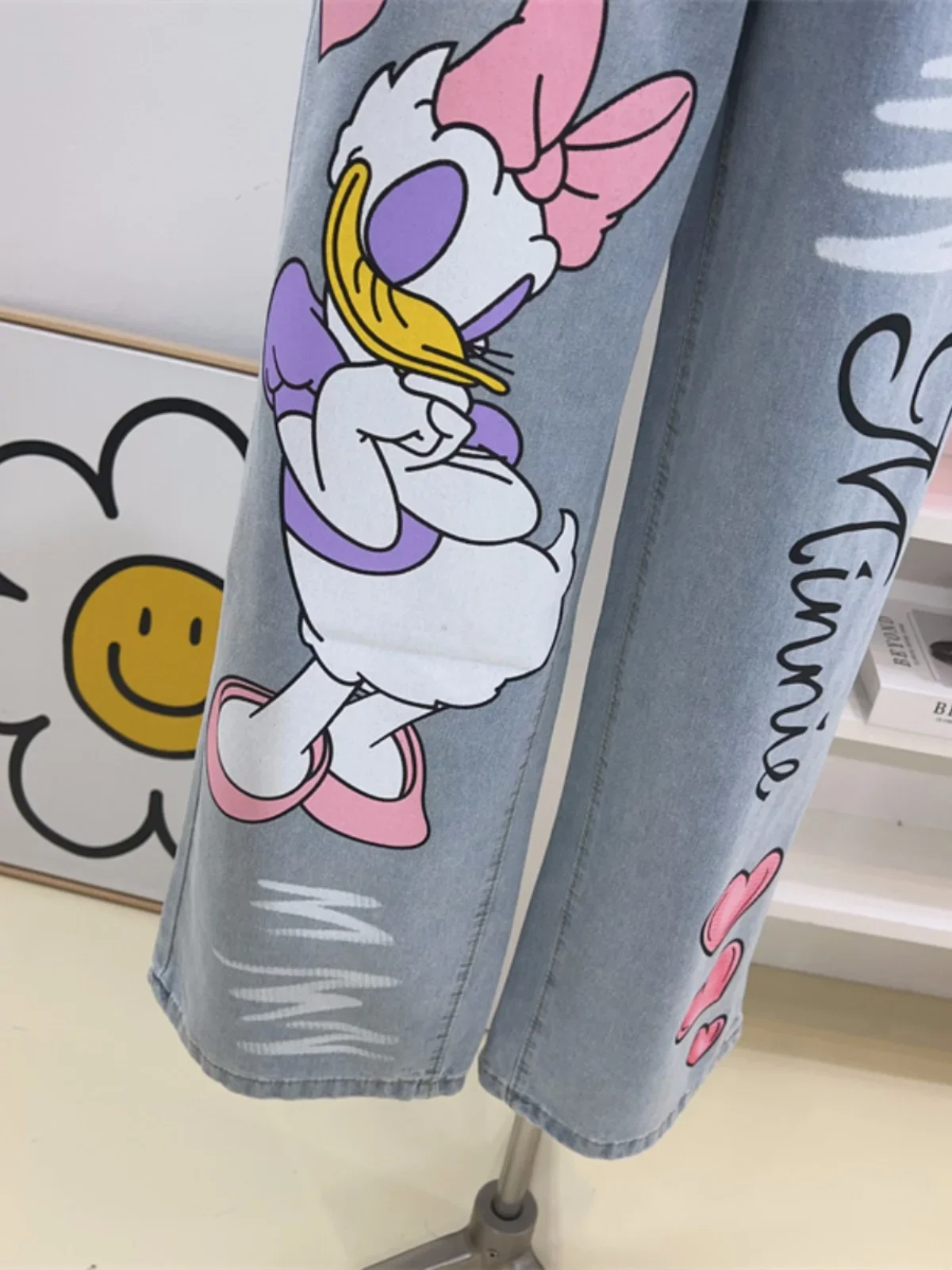 Cute Cartoon Printed Wide Leg Jeans for Women Spring Summer Loose Light Blue Straight Long Pants High Waist Jeans Female Student