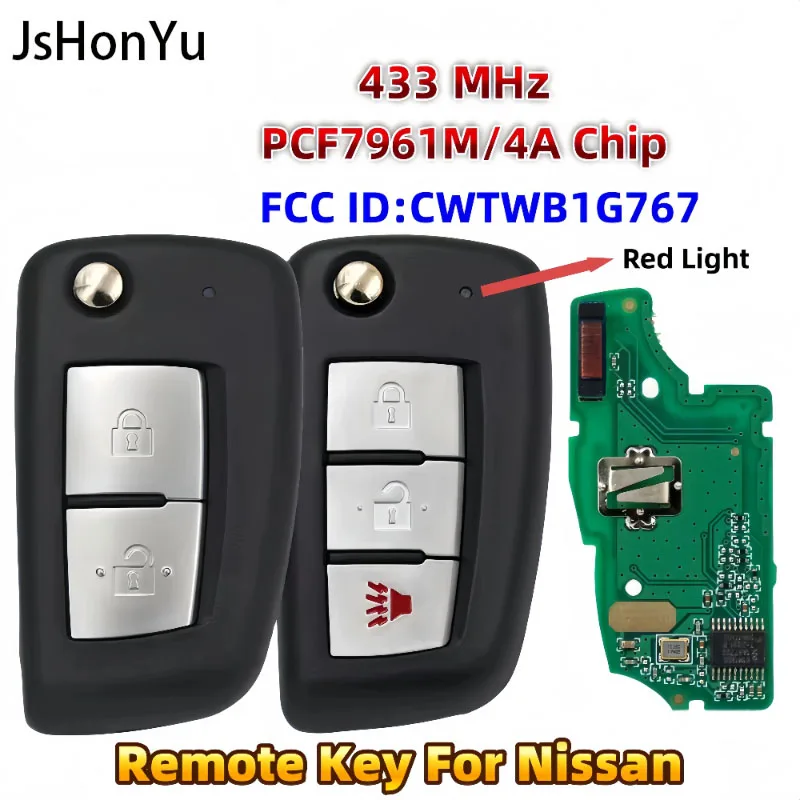 

JsHonYu CWTWB1G767 433MHz 4A PCF7961M Remote Key for Nissan Qashqai J11 X-Trail T32 Juke F15 Pulsar Micra 2/3 Button Flip Fob