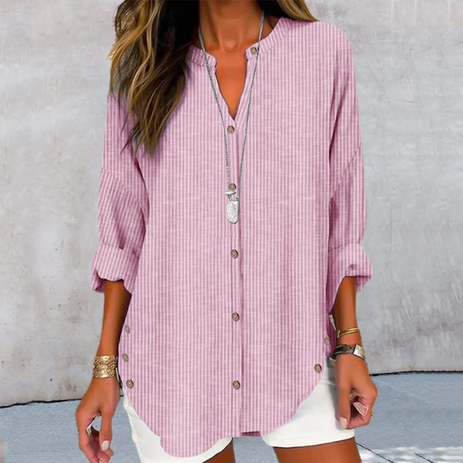 

Women Shirts Elegant Long Sleeve Solid V Neck Chiffon Stripe Print Blouse Office Lady Casual Oversized Tops Vintage Loose Tunics