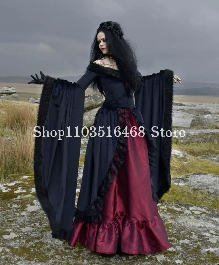 Historical Medieval Evening Dresses Vintage Strapless Black Red Gothic Fairy Long Sleeve Satin Queen Evening Vestidos De Gala