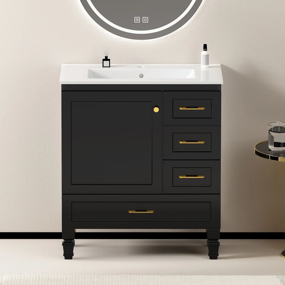Meuble de salle de bain de 75 cm en noir. Armoire de rangement spacieuse - 1 porte à fermeture amortie et 3 tiroirs