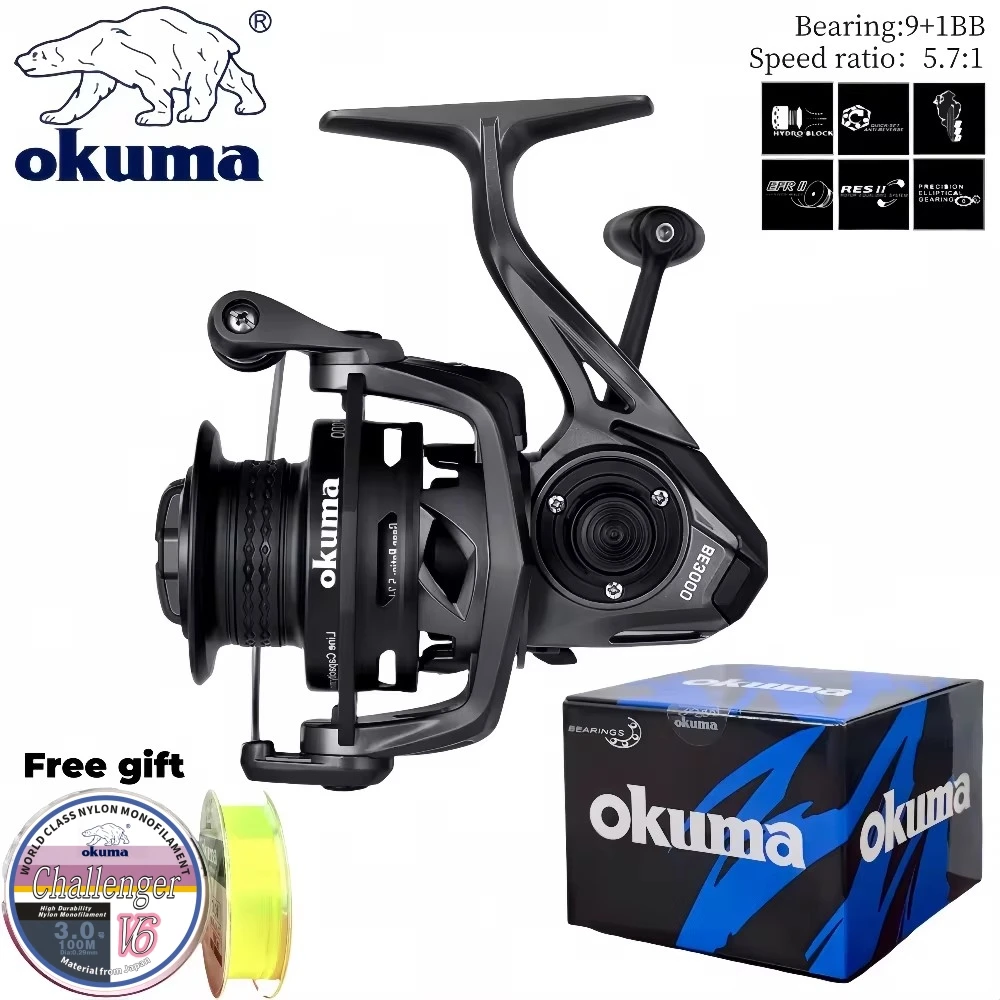 OKUMA 고속 비율 갭 없음 스피닝 릴, BE 2000 4000 낚시 릴, 최대 드래그 10kg, 9 + 1 베어링, 속도 비율 5.7:1, 바위 낚시 