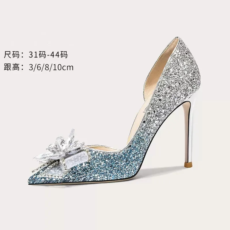 Spring/Summer Pointed Sequins Lace Crystal Colored Wedding Shoes Thin High Heels Banquet Dress Large and Small Women's Sandals