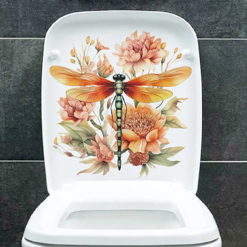 Pegatina para tapa de inodoro con diseño de libélula y flores en acuarela, pegatina impermeable para puerta de WC, decoración extraíble, pegatinas para el hogar M909