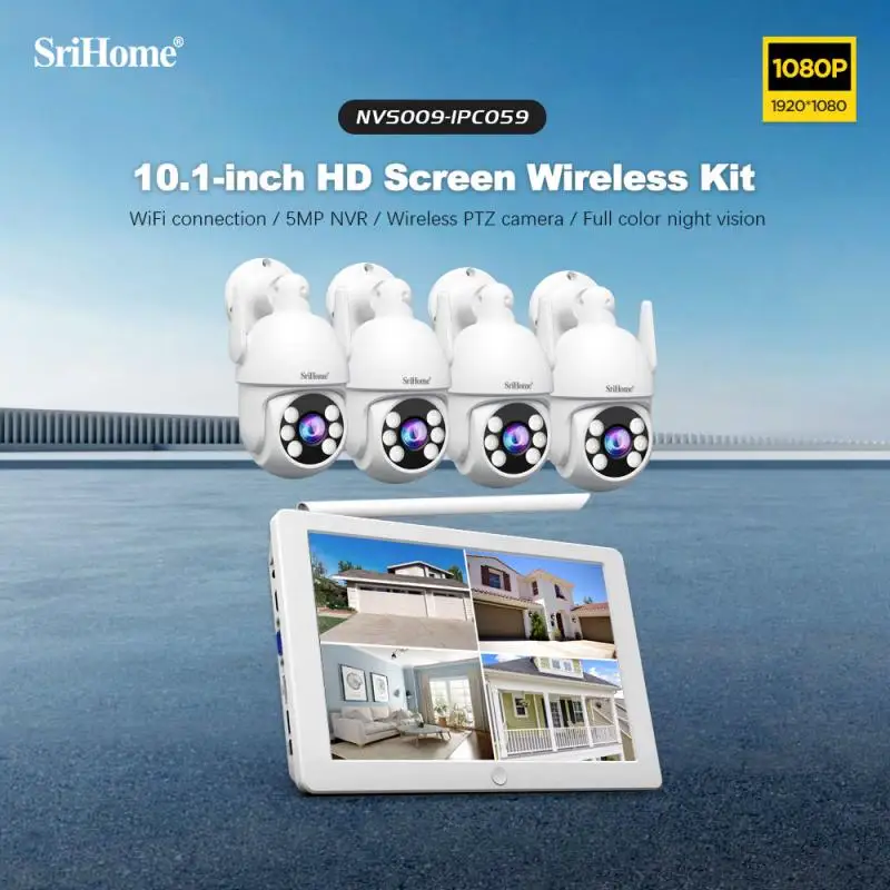 

Srihome 1080P Wifi CCTV Camera Kit AutoTracking Rainproof Video Surveillance Security PTZ IP Cam System With 10.1 inch Screen