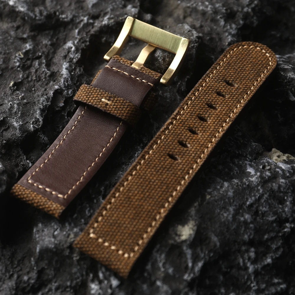 Handmade First Layer Cowhide Leather Fitted Canvas Strap, 20 22 24mm Soft Vintage Genuine Leather Bracelet with Bronze Watch Mou