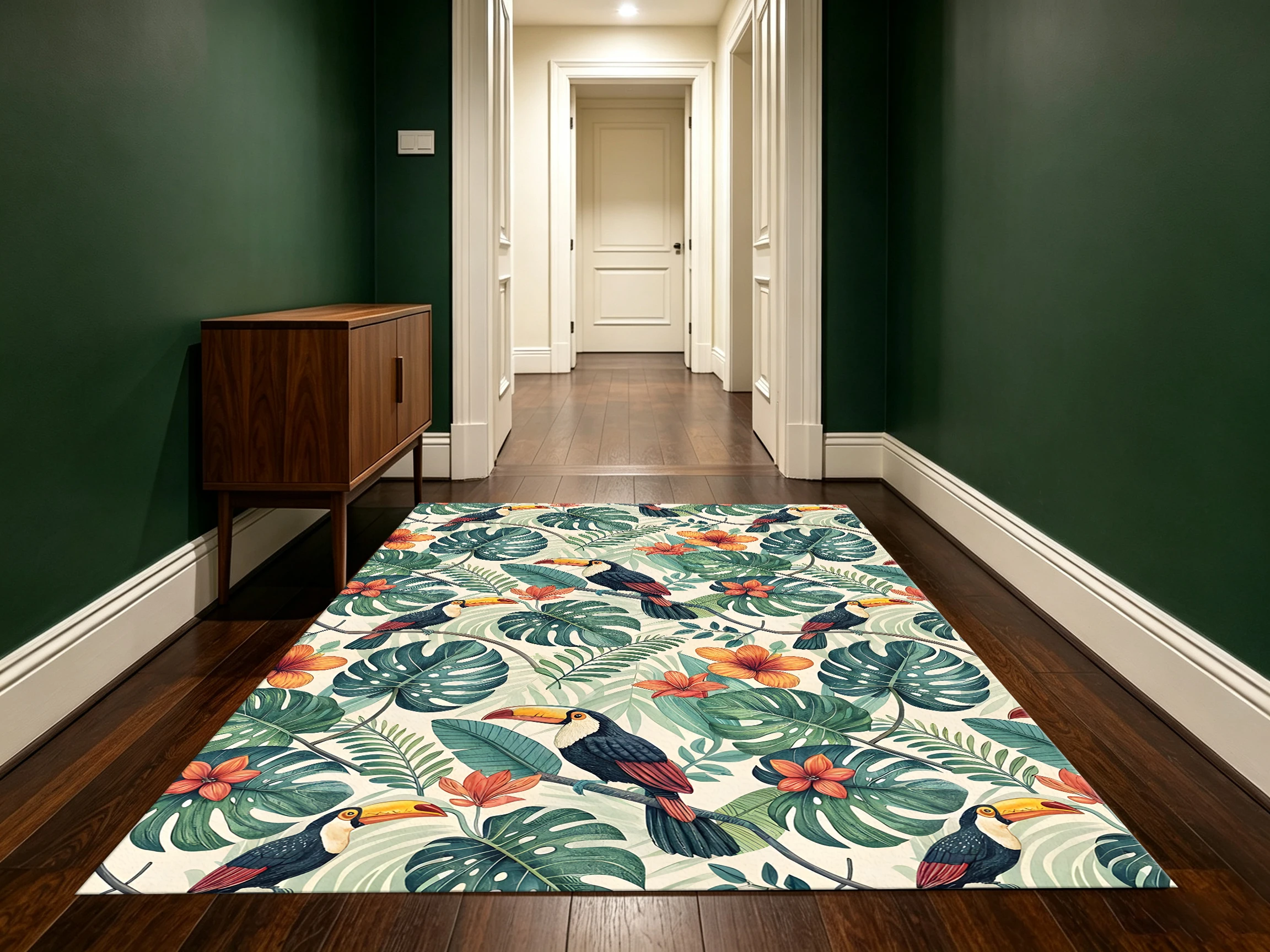 2D Carpet with Tropical Green Floral Pattern of Toucans in Retro Southeast Asian Style for Living Room, Bedroom, and Bedside