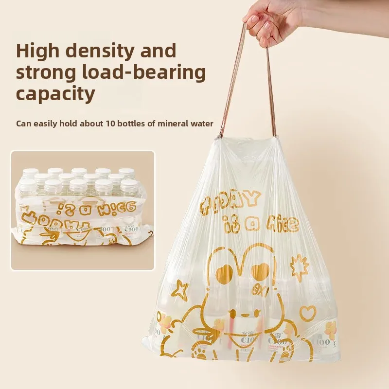 100 قطعة كيس قمامة برباط مطبوع عليه رسوم كرتونية ، كيس قمامة منزلي للاستعمال مرة واحدة ، كيس قمامة لتخزين المطبخ