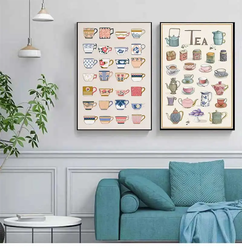 Kitchen Decor Vintage Tea Cups Teapots Poster Print Canvas Painting Nordic Wall Art Pictures Cafe Restaurant Home Decoration
