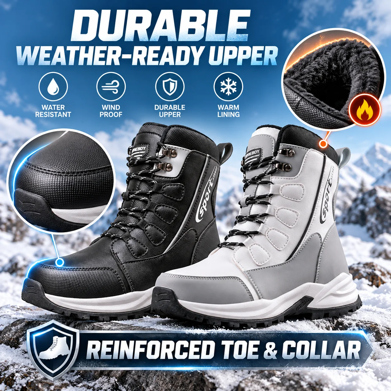 Warm Winter Boots Men Women Plush Lined High Top Lace Up Shoes Reinforced Toe Rugged Sole Outdoor Hiking Footwear