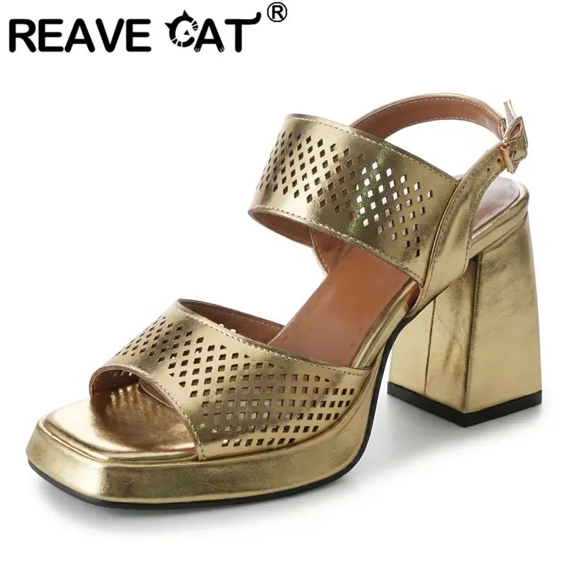 

REAVE CAT Yellow Female Sandals Square Toe 9cm Chunky Heel Platform Back Strap Plus Size 44 45 46 Leisure Daily Breathable Shoes