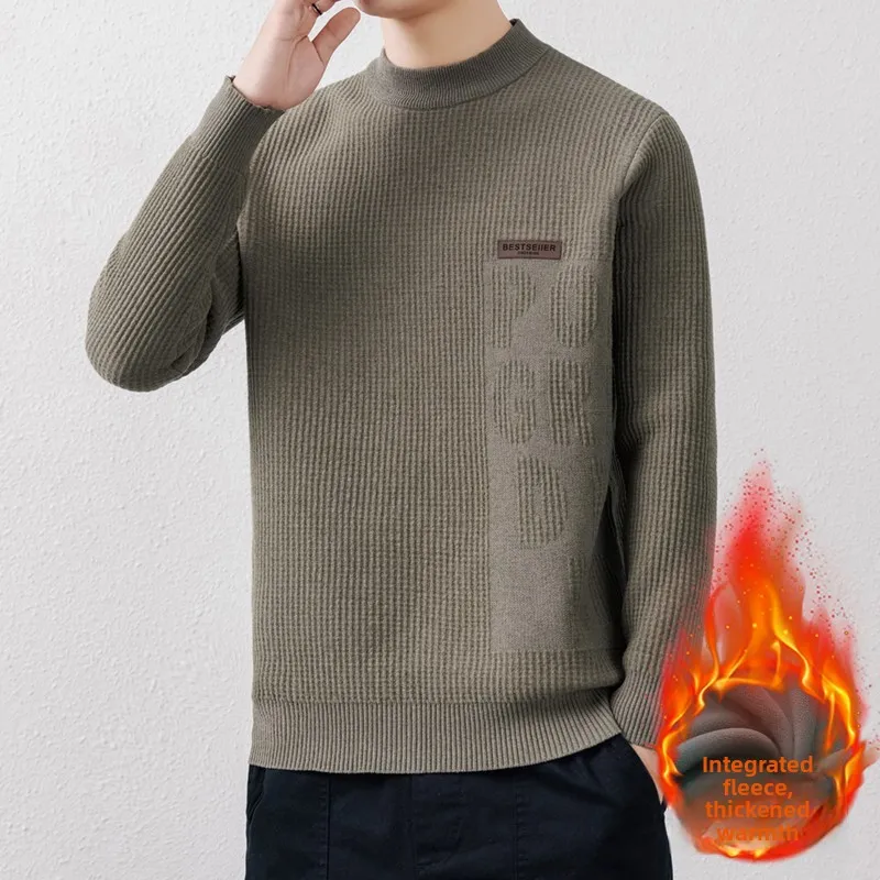 

Мужской свитер с круглым вырезом, на флисовой подкладке, вязаный, теплый, зимний, повседневный стиль, из полиэфирного волокна, с длинным рукавом, базовый, модный