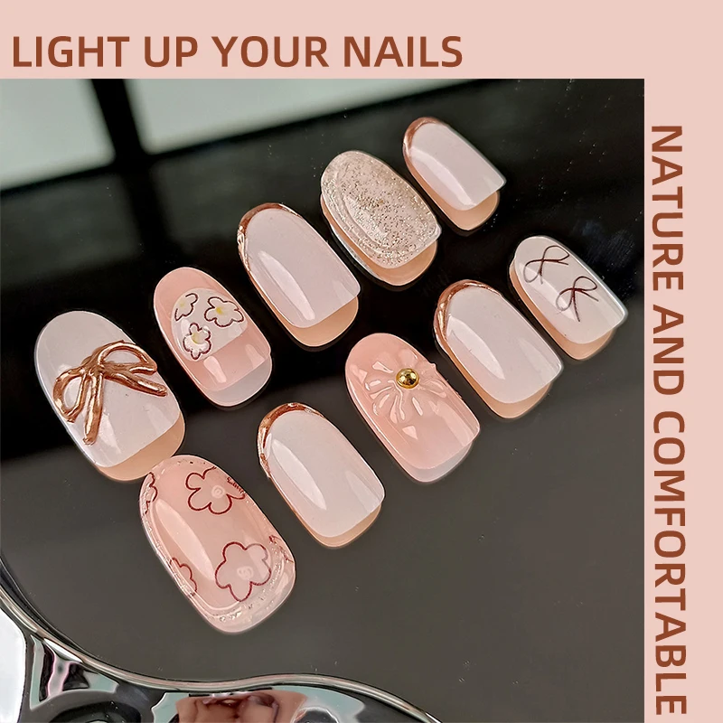 Minimally Hand-painted Square Short Handmade Press on Nails Wearable Nail With Gold Pink Flower Bow and Border Cute Nail Art