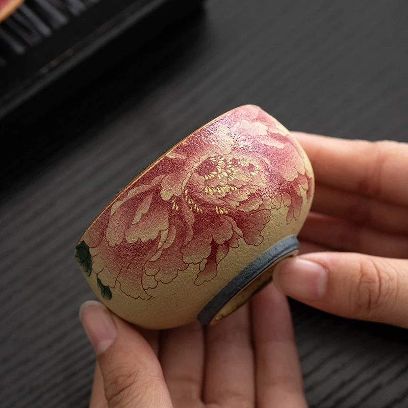 Blue White Peony Flint Red Glaze Ceramic Tea Cup Chinese Gongfu Personal Master Cup Household Tea Table Desktop Decor Gift
