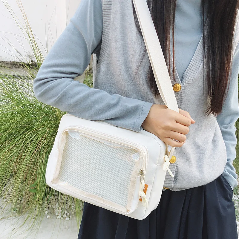 Two element girl ita bag Japanese cute transparent shoulder bag solid color grid simple small square bag