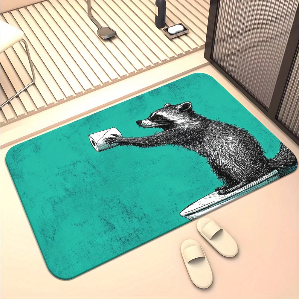2D Flat Raccoon Holding Toilet Paper Teal Background Funny Animal Flannel Bath Mat Non Slip Quirky Rug For Bathroom KitchenFloor