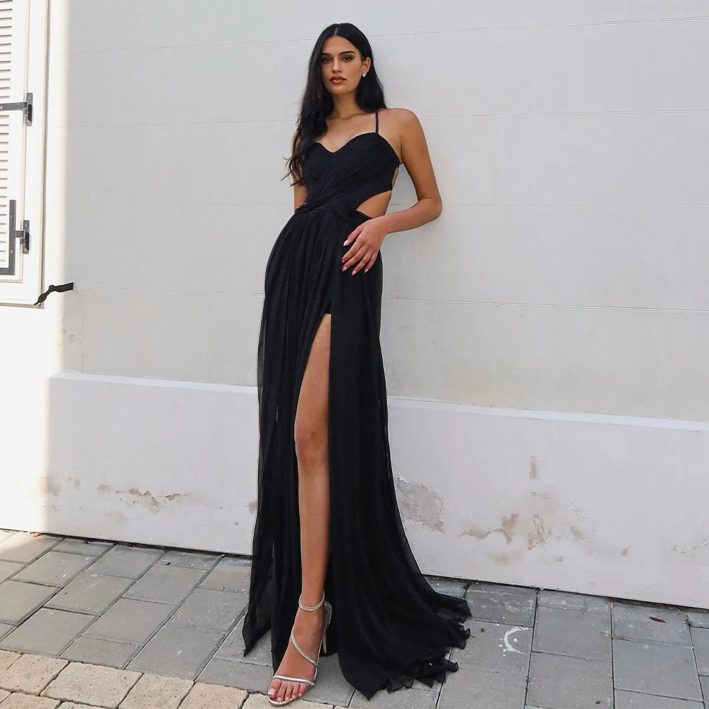 

Black Evening Dress 3D Chiffon Spaghetti Straps V Neck Sexy Evening Gowns 2024 High Split Criss Cross Women's Formal Party Dress