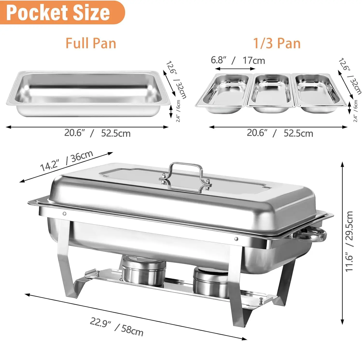 Chafing Dish Buffet Set, 8Qt Stainless Steel Buffet Chafers,Catering Food Warmers Set With Full Size Pan & 1/3 Size Pan For