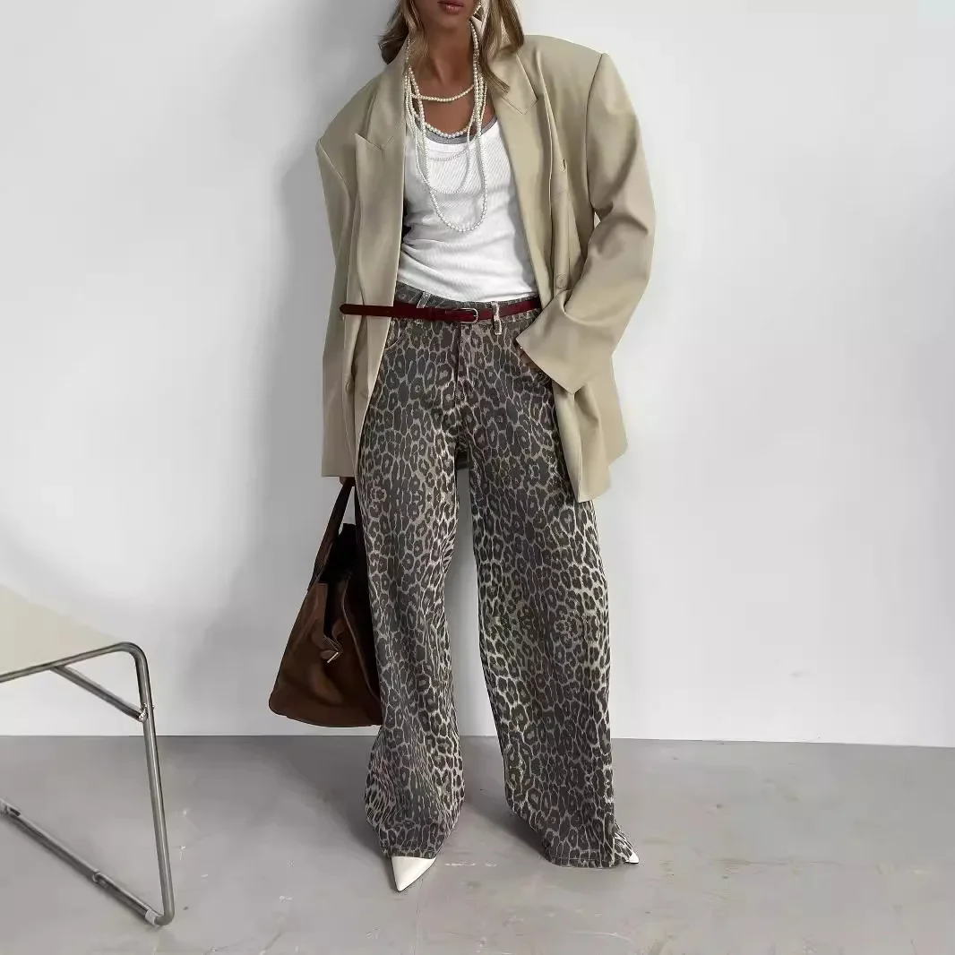 

Leopard Print Wide-leg Pants Europe and America 2024 Autumn New Style Y2K Loose Casual Floor-length Leopard Print Wide-leg Pants