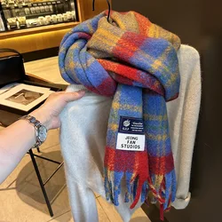 Fashion Red Blue Yellow Plaids Blends with Wool Scarf Women Winter Warm Neckerchief Long Pashmina Shawl