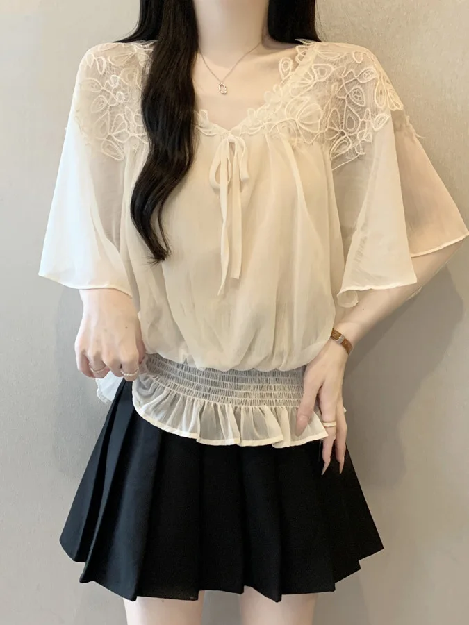 

Lace Hook Flower V-Neck Shoulder Length Summer New Style plus Size Women's Chiffon Top Waist Cinched Short Sleeve Korean Style