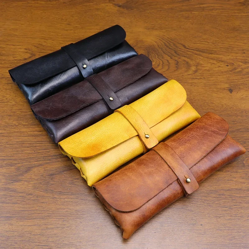 Ins Retro Tanned Leather Korean Version Pencil Case Simple Large Capacity Glasses Stationery Case Pencil Case Sunglasses Case