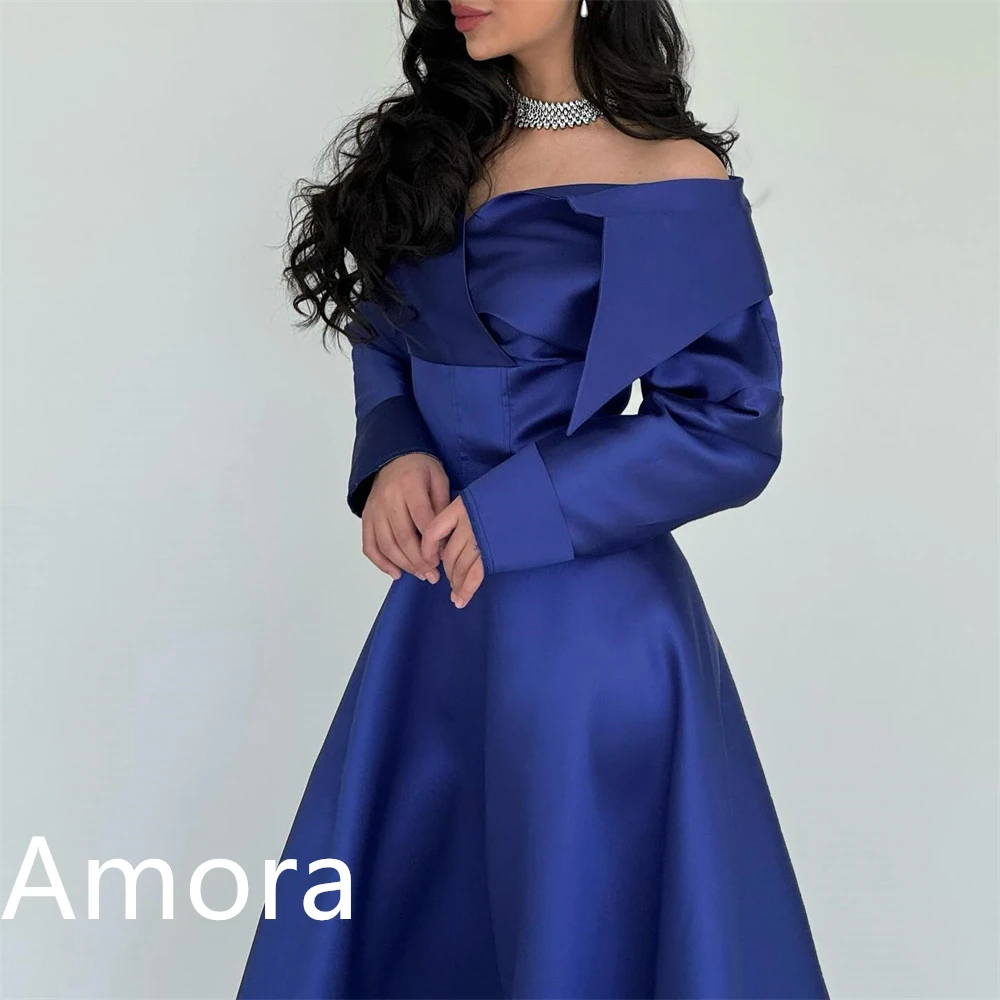 Индивидуальное темпераментное синее атласное вечернее платье Изысканное коктейльное платье без бретелек с открытыми плечами и длинными рукавами на молнии сзади