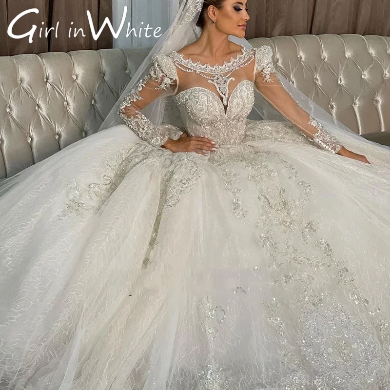 Klassisches rückenfreies Brautkleid mit O-Ausschnitt und langen Ärmeln, Applikation, Prinzessin, A-Linie, individueller Aufkleber, herzförmiges Strand-Brautkleid