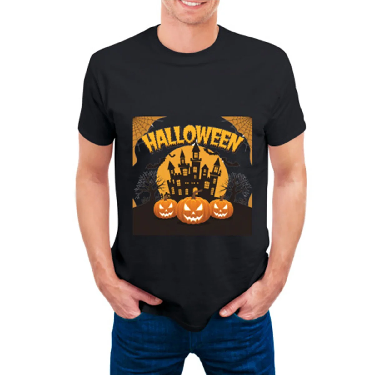 تي شيرت رجالي للهالوين تي شيرت Castle Front Ghost Pumpkin مطبوع عليه الشارع تي شيرت برسومات كبيرة الحجم ناعم وخفيف الوزن Harajuku للجنسين